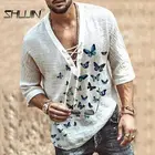 Рубашка мужская с длинными рукавами, льняная Повседневная блуза, с V-образным вырезом, в стиле бохо, винтажная удобная одежда, размер размера плюс, S-5xl