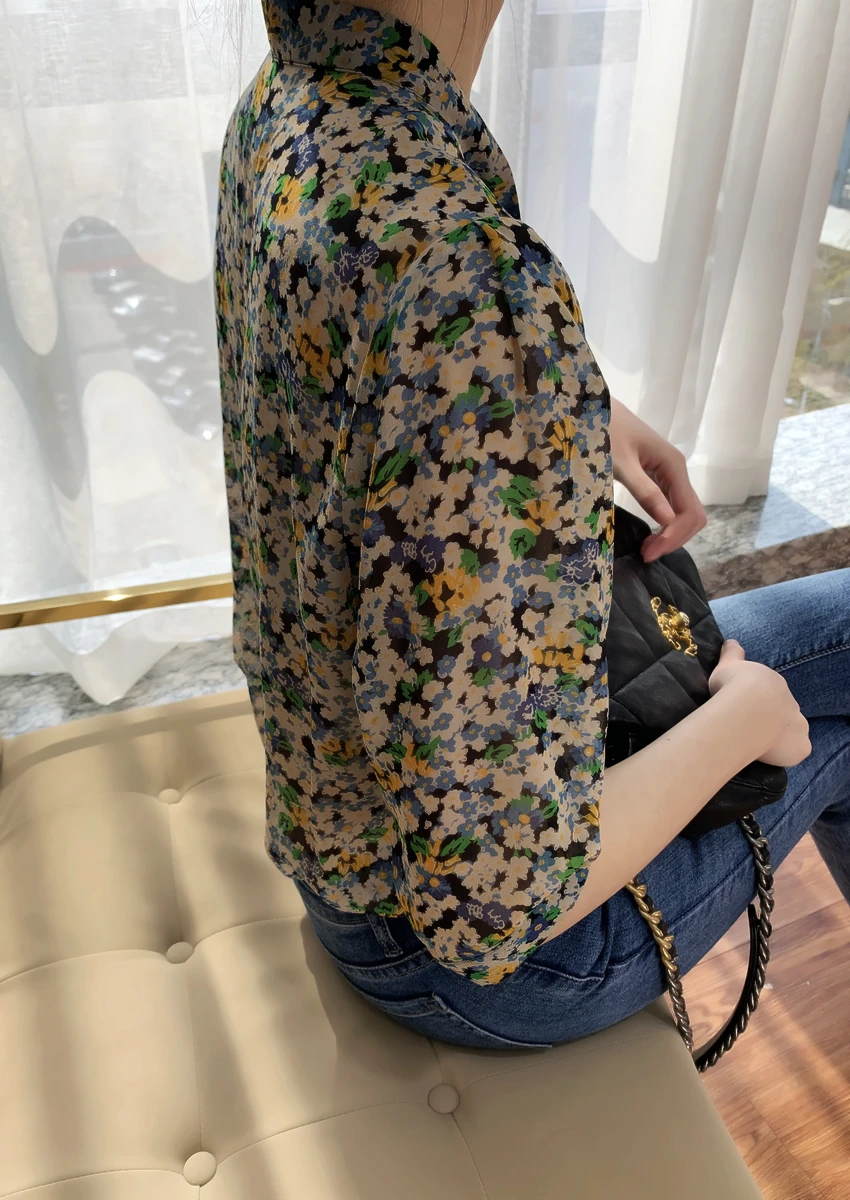 

2020 New 100% Silk Floral Women's Blouse Ladies Sweet Fresh Half Sleeve Bow Tie Collar Female Shirt And Top