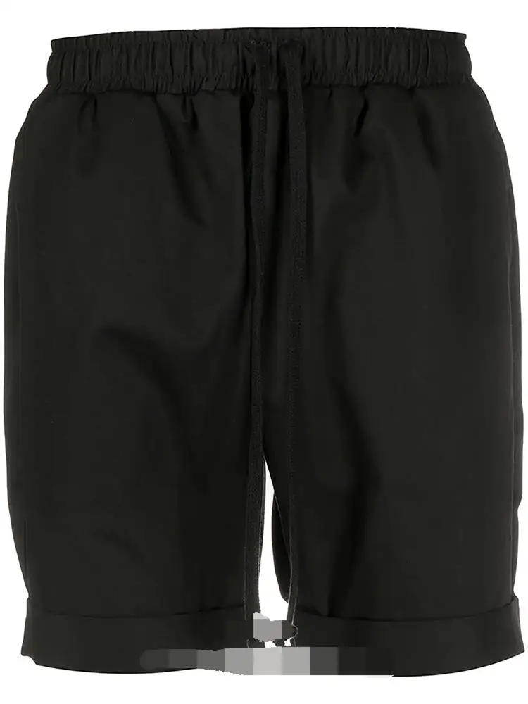 Men's Casual Shorts Summer New Black Elastic Waist Lace-Up Design Pant Leg Roll Edge Fashion Trend Youth Versatile Shorts