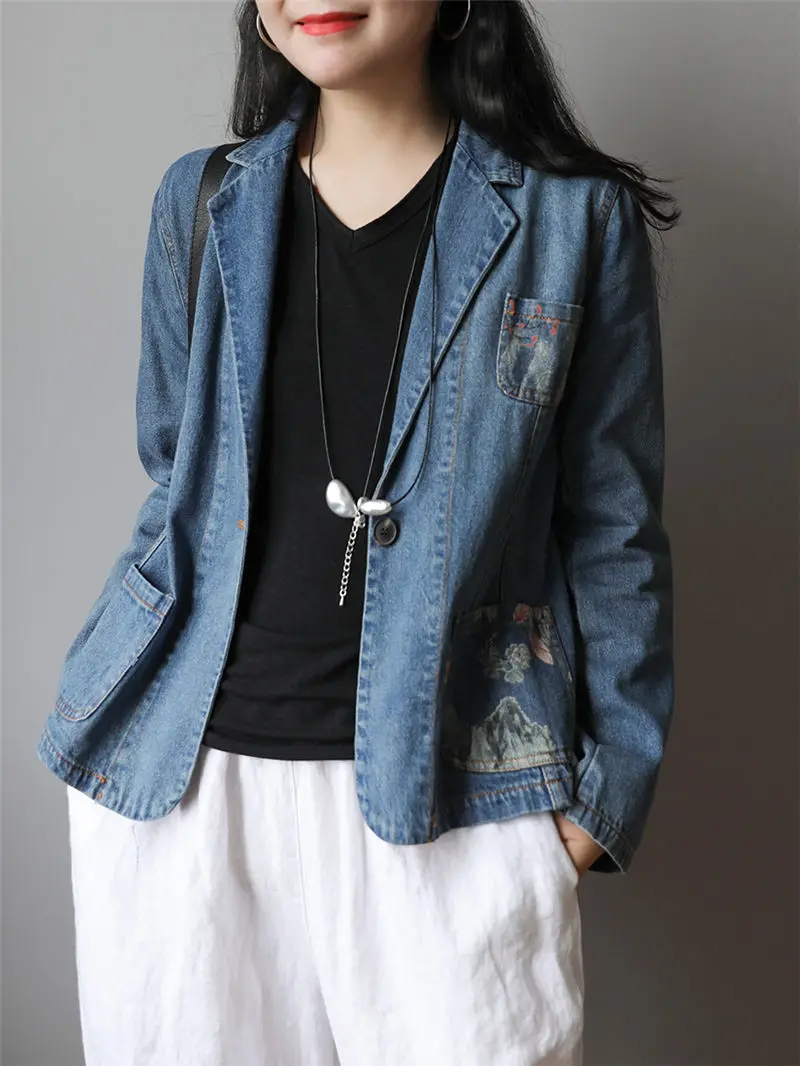 

Cotton Denim Print Pocket Jacket Spring New Retro Literary Long-sleeved Wild Shirt Women's Clothing Jeans Blazer Femme Tops R182
