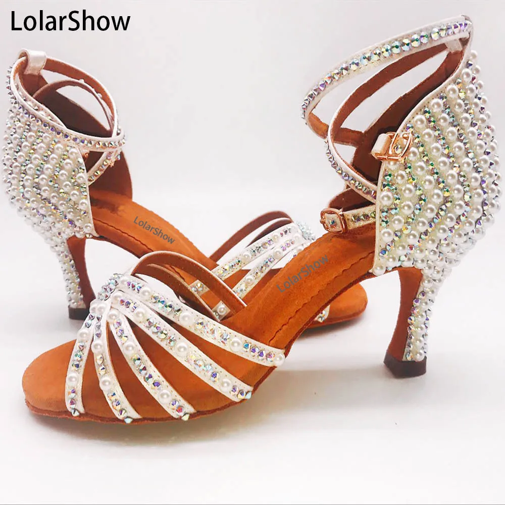 7.5cm heel height Комплект обуви; chaussure de danse femme; женская обувь для профессиональных танцев; Обувь для бальных танцев; стразы; обувь для сальсы - Цвет: 7.5cm heel height