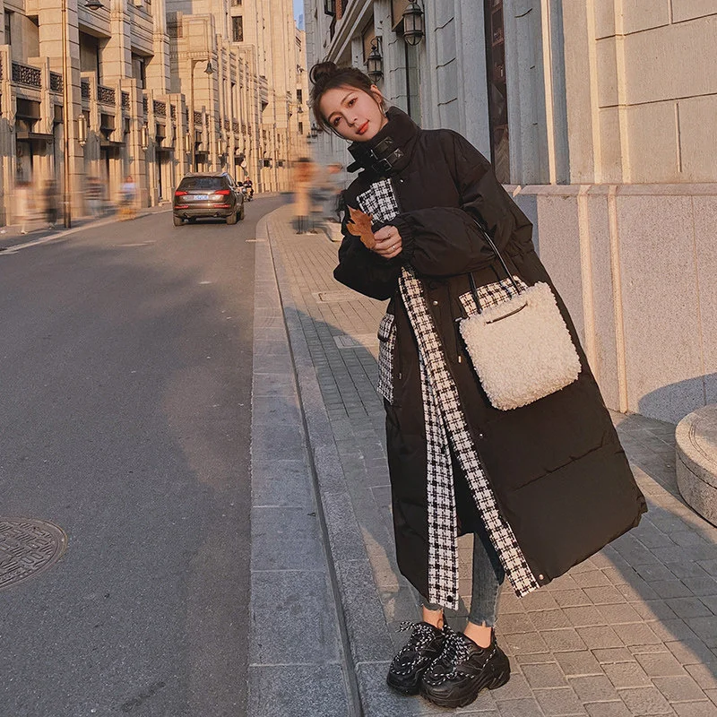 

large Chic design feeling lattice stitching pocket stand collar waist loose bread suit cotton padded