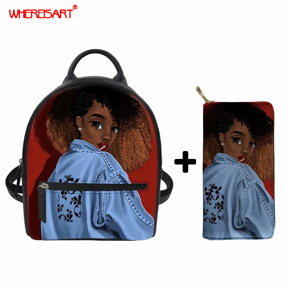 WHEREISART Women PU Leather Backpack College Rucksack Mini Travel Bag Afro Black Girls Teenager Sac A Dos 2019 | Багаж и сумки