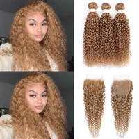kinky curly bundles with closure 4x4 soku brazilian honey blonde brown human hair weave bundles with closure non remy extension