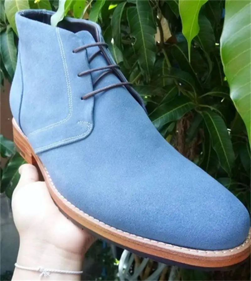 

New Men Fashion Trend Business Casual Dress Shoes Handmade Blue Faux Suede Round Head Wingtip Lace-up High-end Ankle Boots KS469