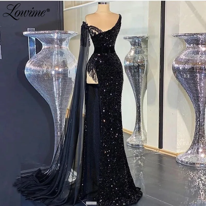 

Dubai One Shoulder Black Sequins Evening Dresses Long Celebrity Dress Party Gowns Arabic Robe De Soiree Plus Size Prom Dresses