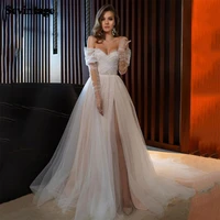 sevintage glitter wedding dresses full sleeves off shoulder side slit sweetheart a line custom madewedding gown bridal dress