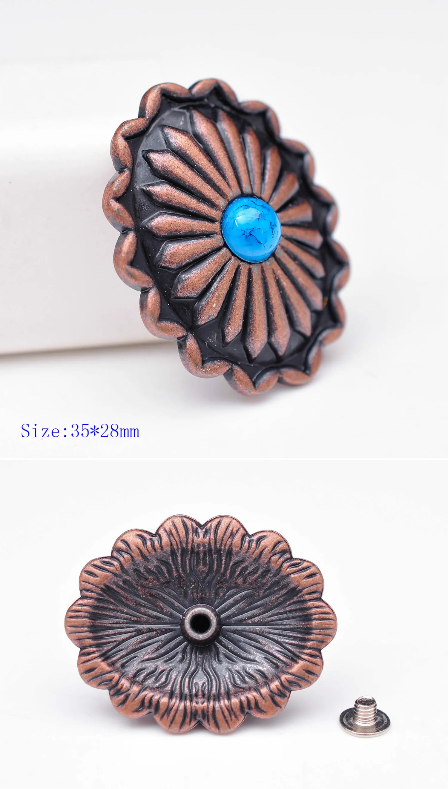 

10pcs Antique Copper Southeast Tribal Flower Turquoise Oval Concho For Hatband Leathercraft Saddle Bridle Handbag Belt Decor