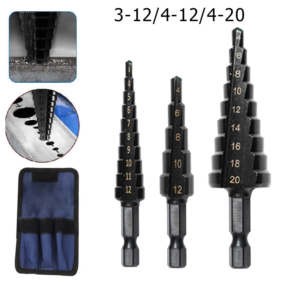 

Step Drill Bit Hexagonal Shank 3-12 4-12 4-20 Straight Groove Step Drill HSS Titanium Coated Hole Cutter Set Power Tool