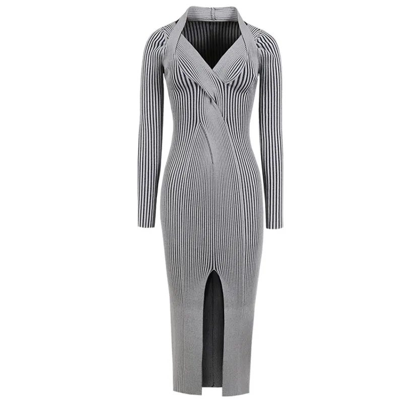 

High Quality Runway Designers Dress 2021 Women Autumn Winter Sexy V-neck Long Sleeve Midi Dresses Vintage Draped Slim vestido