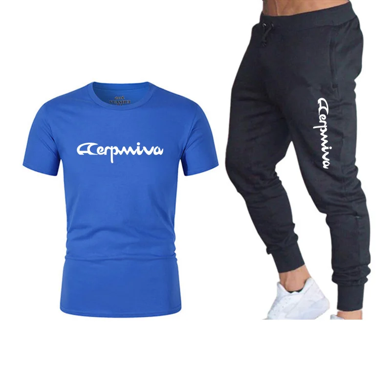 

2021 men's summer cotton short-sleeved T-shirt sportswear suit jogging pants + men's trousers running sportswear