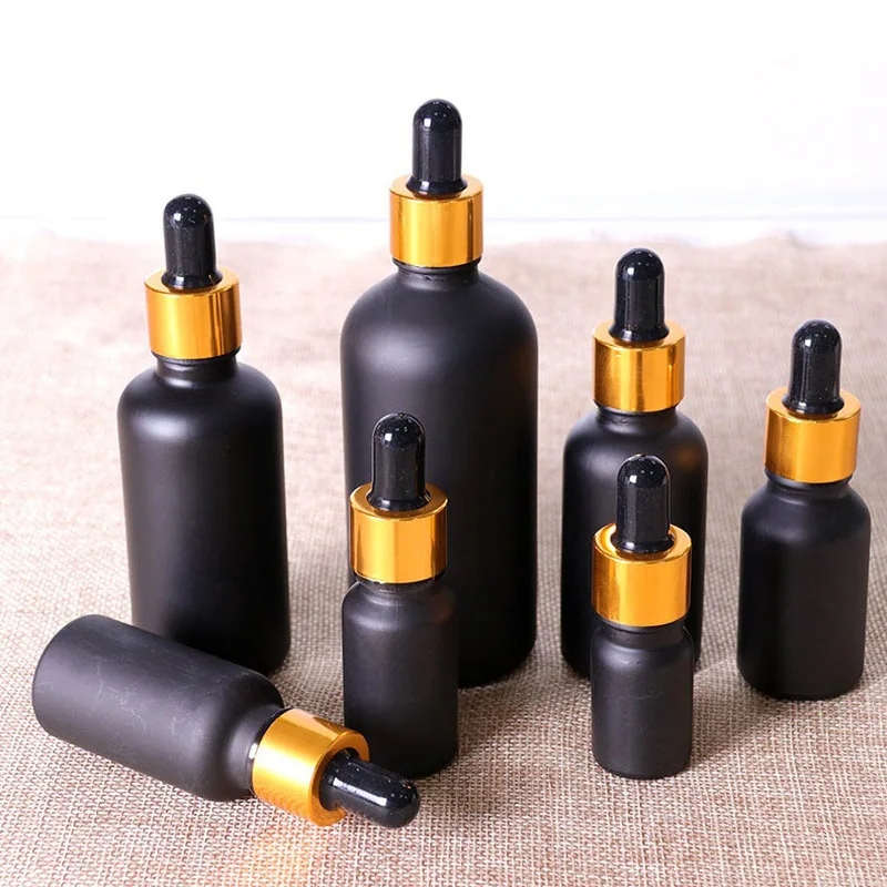 

12pcs/lot 5ml 10ml 15ml 20ml 30ml 50ml 100ml frost black glass essential oil dropper bottle wtih piepette drop vials Containers