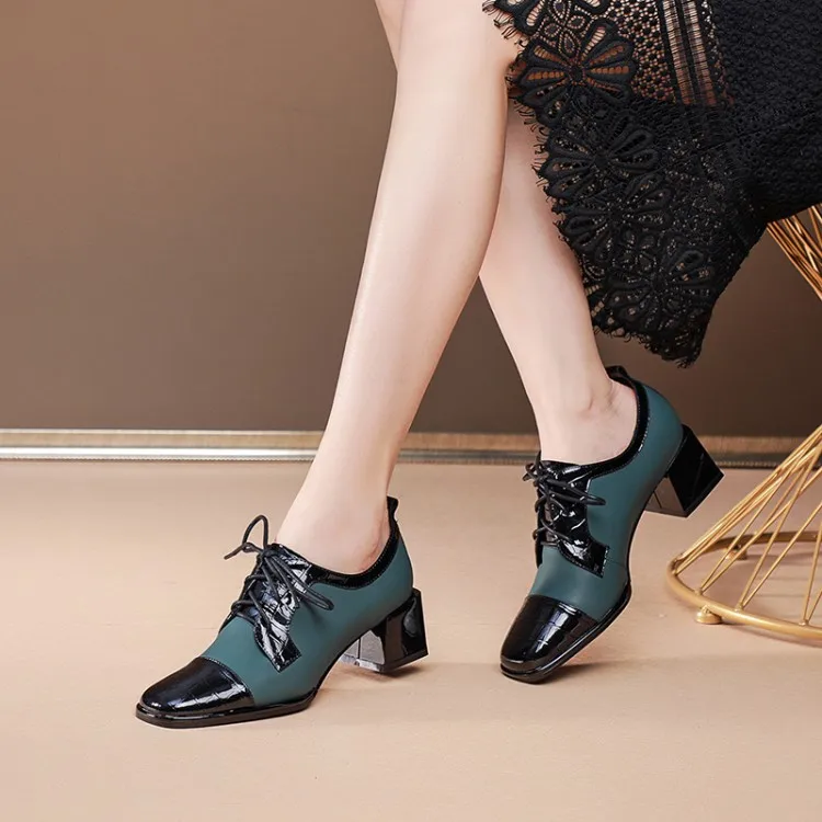 

GPOKHDS 2021 Women Pumps Soft Cow leather Autumn Spring Lace Up Mixed Colors Square Heel Round toe High Heels Pumps Size 40