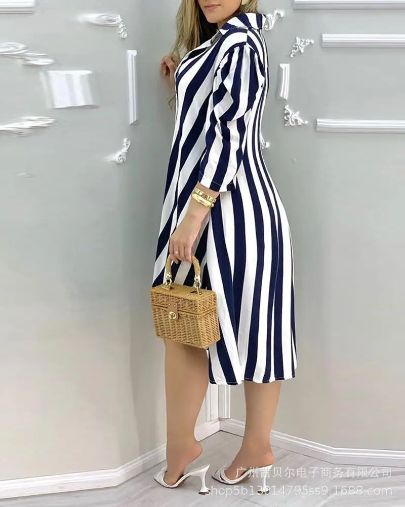 

WEPBEL Women Mini Dress Deep V Neck Sexy Fashion New Blue Color Striped Long Puff Sleeve Shirt Dress High Waist