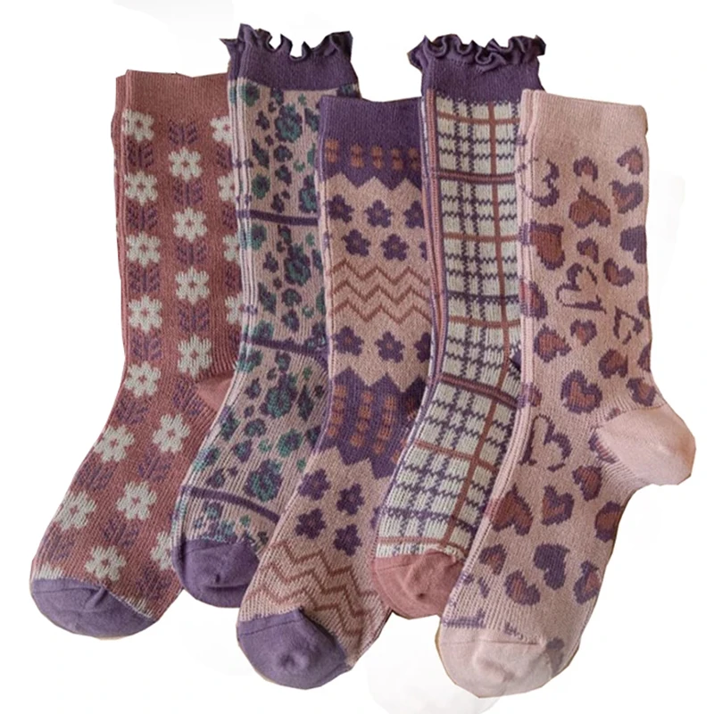 

Носки женские с цветочным принтом и оборками, 5 пар