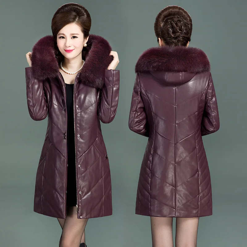 

Autumn and winter women long leather jacket coat large fur collar hooded Outwear 2019 new middle-aged Female slim down jacket