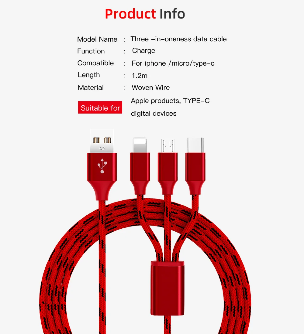 

3 in 1 Micro USB Type-C 8 Pin Charging Cable For iPhone 12 11 Pro X Samsung Galaxy S9 Phone Charge Cable 1.3M Charger Cord Cable