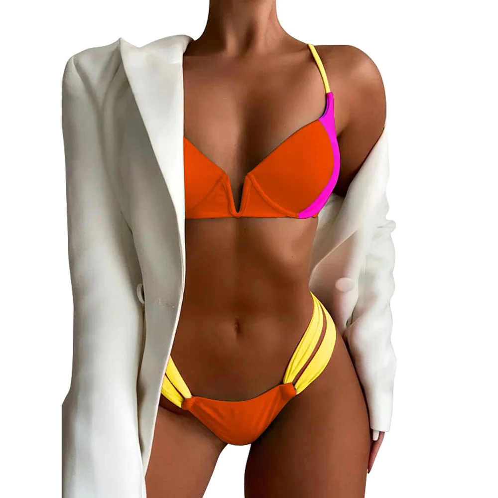 

Women's Split Swimwear Sexy V-Neck Solid Color Stitching Elastic Quick Drying Backless Swimsuit Summer 2021 Bathing Suit 2 Piece