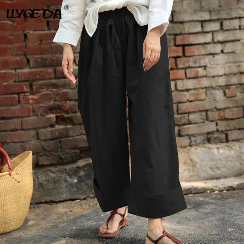 

Plus Size Wide Leg Pants For Women High Waist Solid Drawstring Loose Casual Trousers For Female 2021 Summer Thin Women's Pant