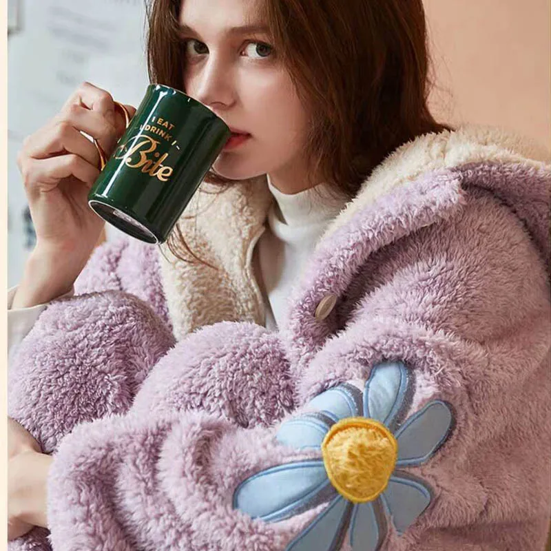 Зимняя фланелевая женская пижама комплект из 2 предметов теплая утолщенная