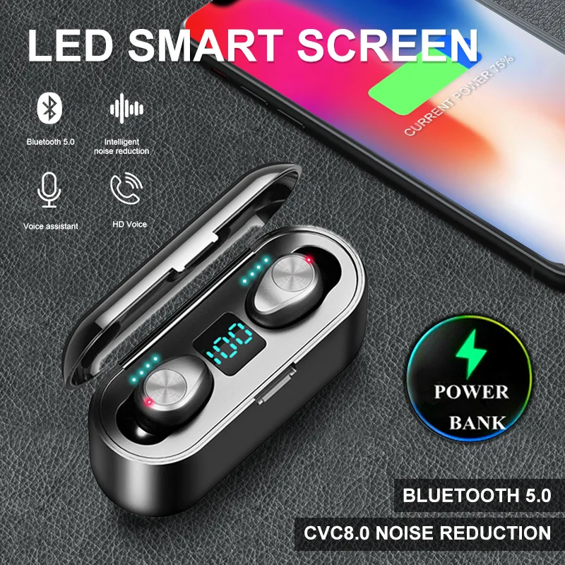Беспроводные наушники Bluetooth F9 TWS 5.0 LED дисплей с внешним аккумулятором 2000 мА/ч