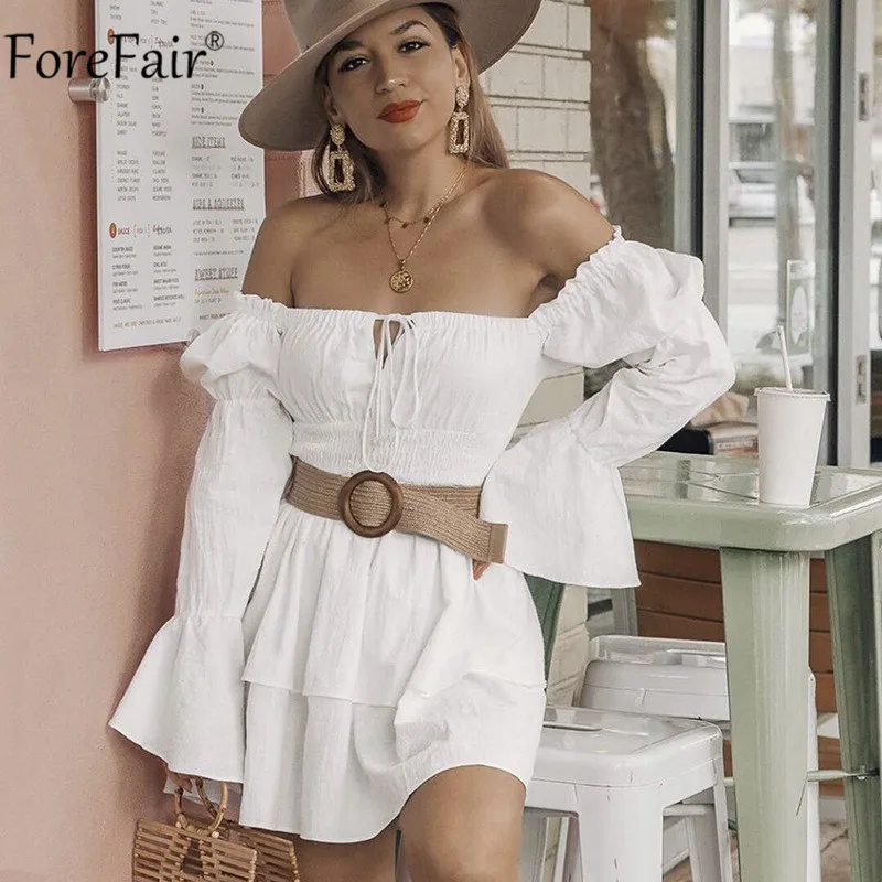 Forefair с открытыми плечами рюшами с пышными рукавами Boho Платье Белое Женское с рюшами пляжное платье без бретелек повседневное хлопковое с длинным рукавом Сарафаны