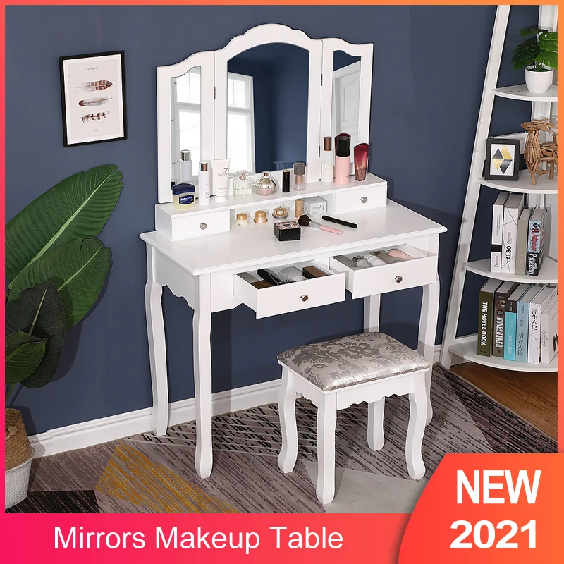 Современный туалетный столик трехскладной с зеркалами для макияжа и ящиками