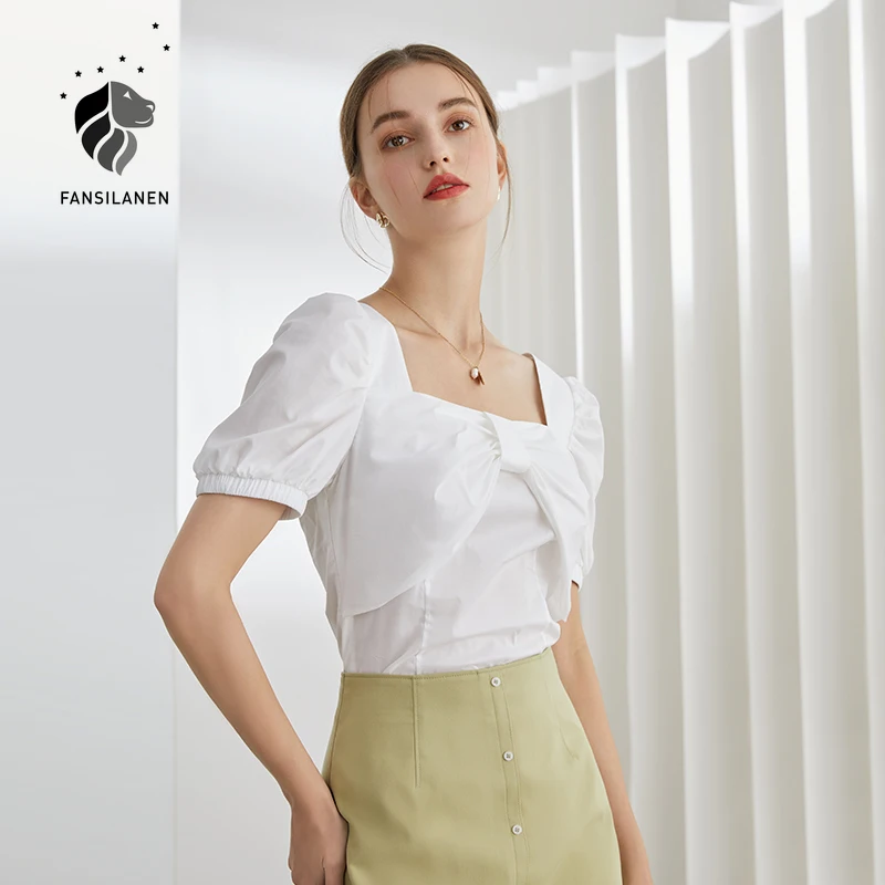 

FANSILANEN Office Lady Puff Sleeve Tops Women Bowknot Square Collar White Shirt Women Summer Short Sleeve Women Blouses
