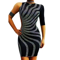 one shoulder skinny elastic black short dress shining beaded diamonds women dresses dj singer dance stage wear nightclub outfit
