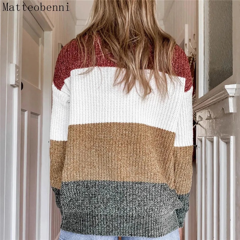 

Winter Womens Patchwork Striped Knitted Turtleneck Sweater 2020 Autumn Casual Loose Sweaters Pullover Women Long Sleeve Jumper