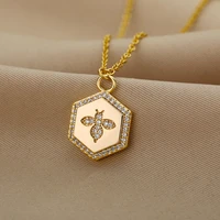 vintage zircon hexagon bee necklaces for women stainless steel insect pendant chain choker charm christmas jewelry gift