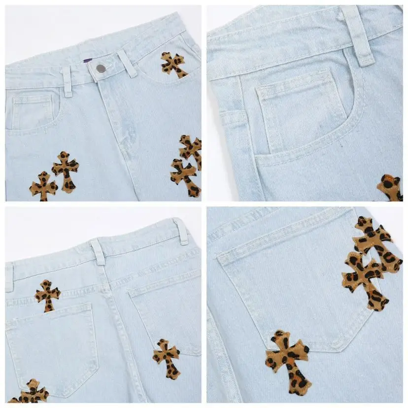 

Cross Embroidery Jeans Men 2021 Hip Hop Micro Flared Pants Baggy Wide Leg Jeans for Men Women Streetwear trousers Straight