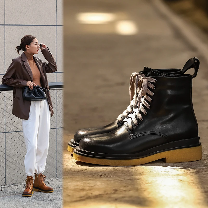 

Women's ankle boots natural leather shoes plus size side zipper short boots British Knight Boots cross straps platform boots