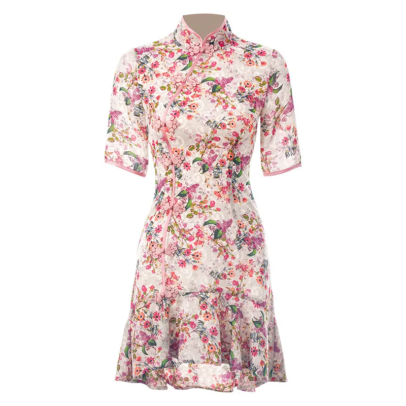 

2021 New Summer Fashion Chinese Style Women's Cheongsam Sexy Elegant Mini Dress Vintage Floral Print Short Sleeve Lady Dresses