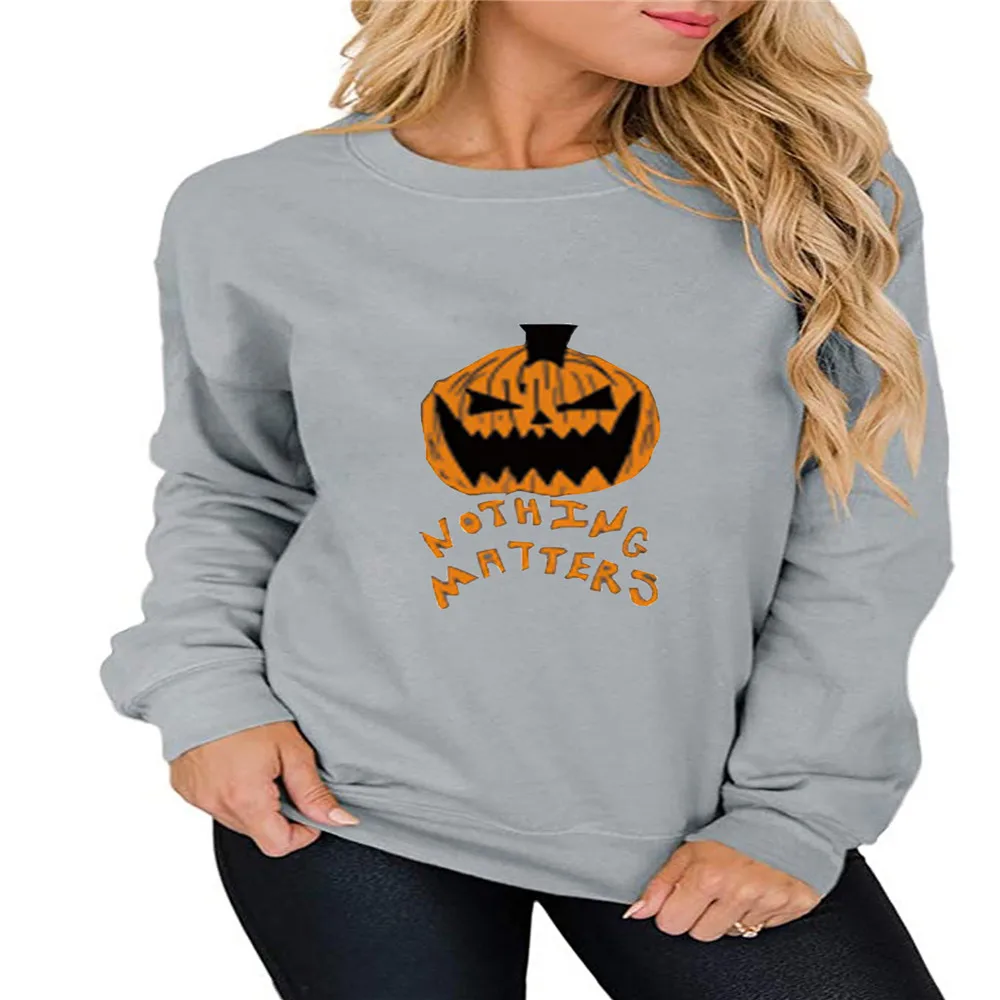 

2020 Women\u2019s Halloween Sweatshirts Round Neck Long Sleeve Pumpkin Pattern Pullover Outfits Pumpkin Print Spring Autumn