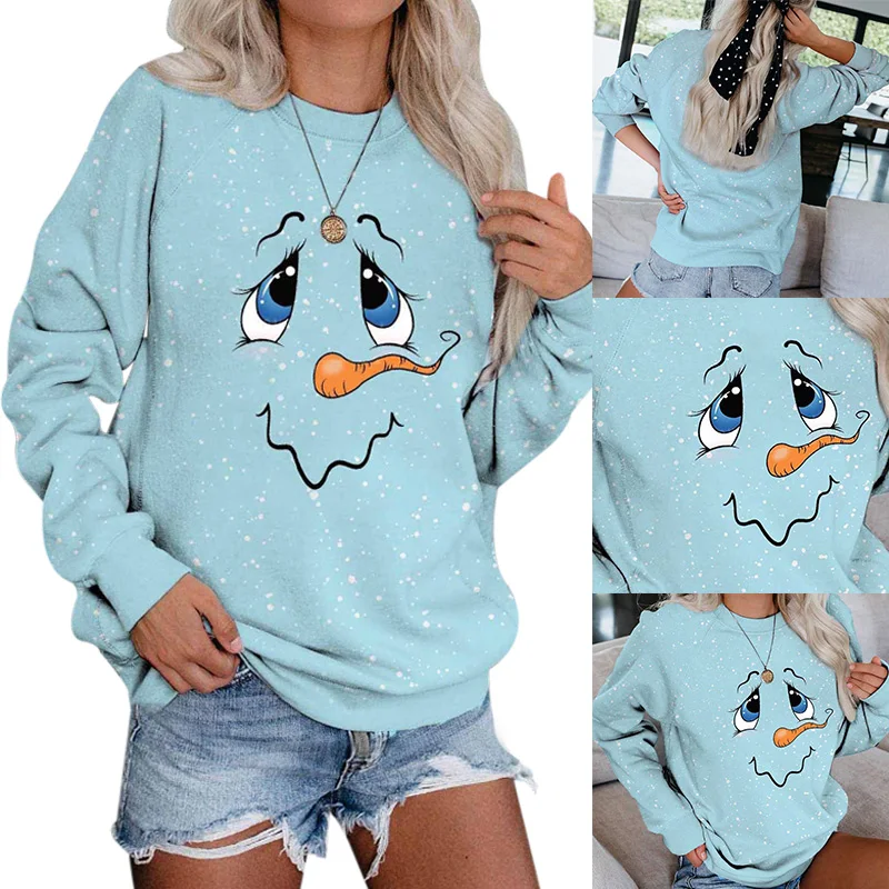 

Women's Cute Snowman Face Print Long Sleeve Sweatshirt Women Casual Top PR Sale