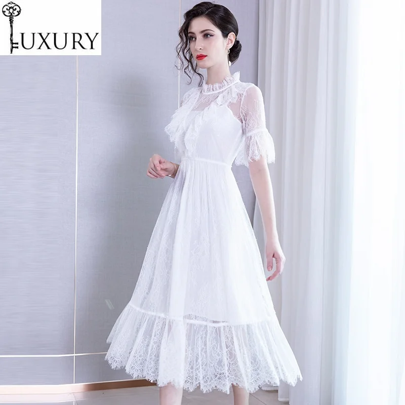 

Summer Elegant New 2020 Fashion Style Women Ruffled Collar Black White Cotton Lace Floral Patterns Mid-Calf Dress