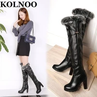kolnoo new style handmade womens chunky heels boots manmade fur evening party over knee booties sexy fashion winter long shoes