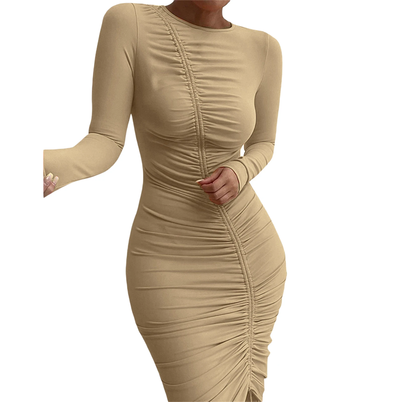 

Women Ruched Sheath Dress Adults Solid Color Long Sleeve Round Neck Drawstring Dress