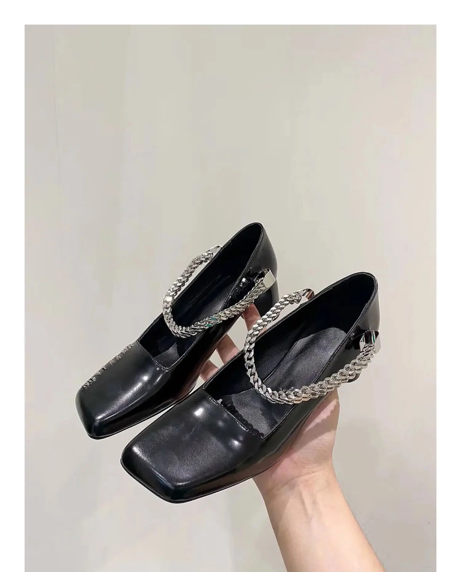 

Women's Square Toe Leather Pumps Shoes With Metal Chain Med Heels Black N33