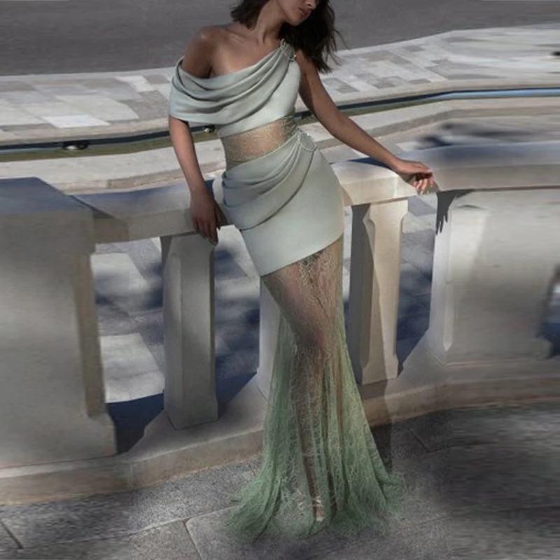 

2021 Fashion Show New Gorgeous Sexy Off The Shoulder Hollow Out Celebrity Dresses Lace Patchwork Evening Party Vestido Prom Robe