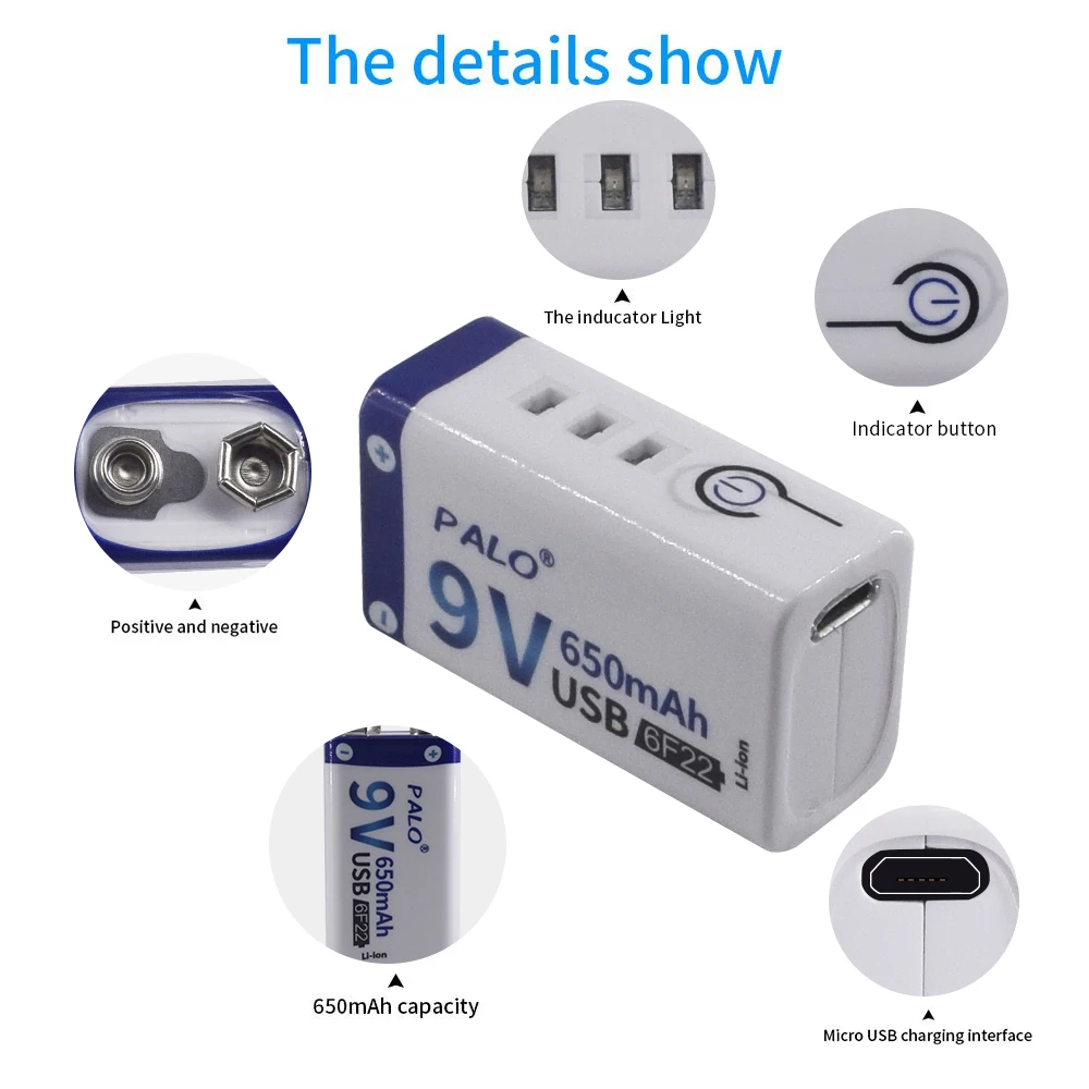 Литий-ионная аккумуляторная батарея PALO 9 В 650 мАч usb 6F2 2 литиевая для микрофона
