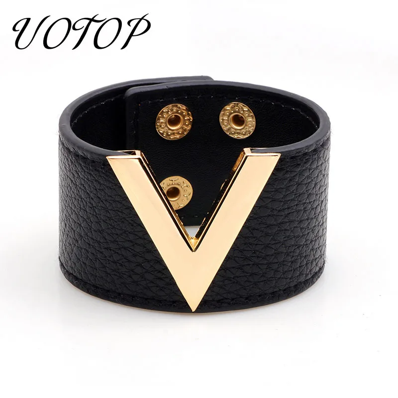 Женский широкий браслет из натуральной кожи универсальный с V образным вырезом