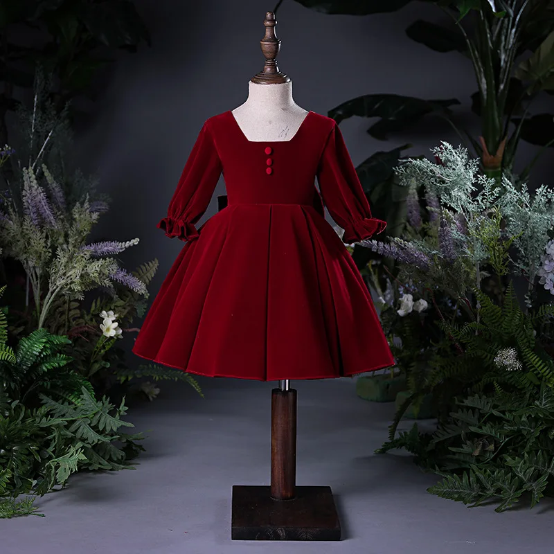 

Sweet red velvet long sleeve Girl Princess For Wedding Red Formal Birthday Party Dinner Dress Gown Kids First Communion Gown