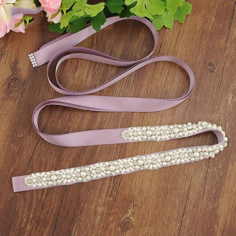 Noble Wedding Belt Bridal Satin Belts For Dresses With Rhinestones And Pearls Wedding Belt Thin Crystal Belt For Girl Dress Up - Цвет: Lavender
