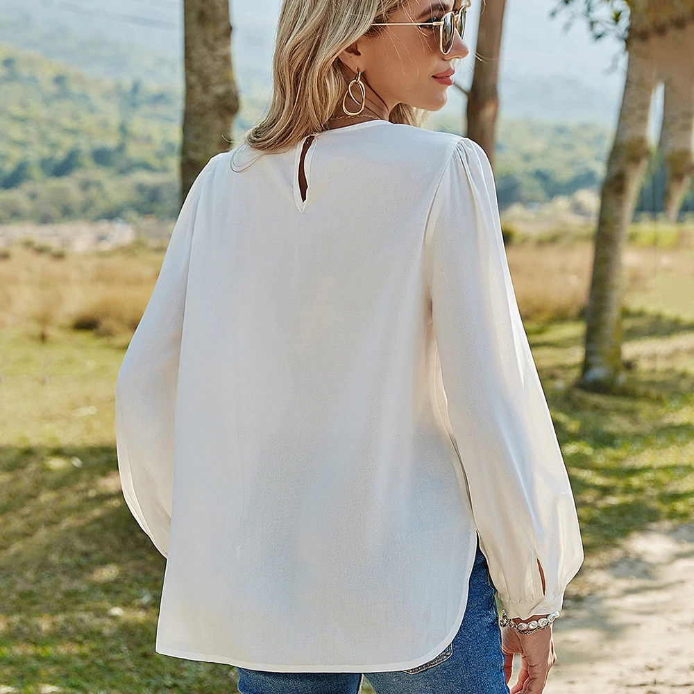 

White Patchwork Hollow Out Shirts for Women 2021 Spring Lantern Sleeve O Neck Ladies Casual Vintage Pullover Tops And Blouses
