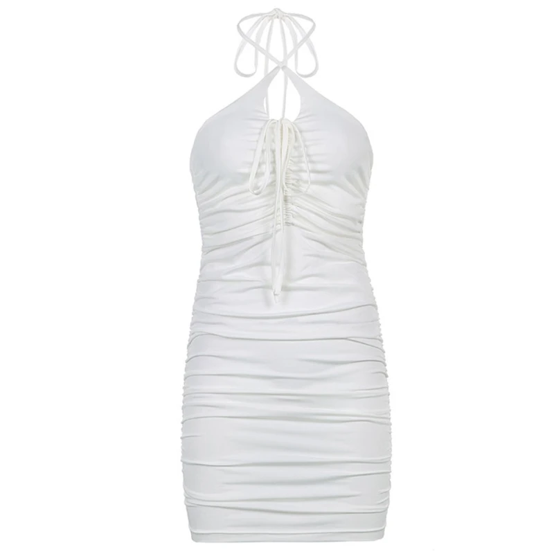 

Women Sexy Cross Halter Ruched White Bodycon Mini Dress Hollow Lace-Up Clubwear