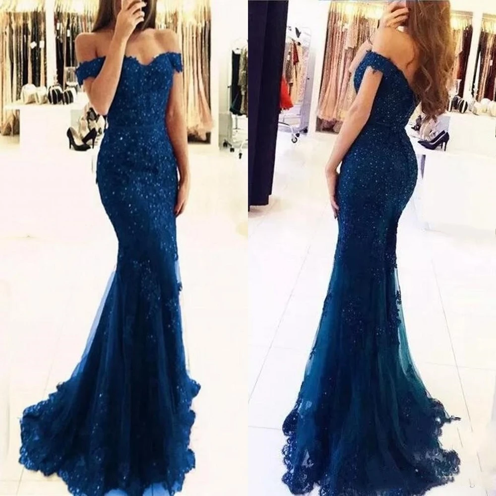 

2020 Off The Shoulder Mermaid Long Evening Dresses Tulle Appliques Beaded Custom Made Formal Evening Gowns Prom Party Wear