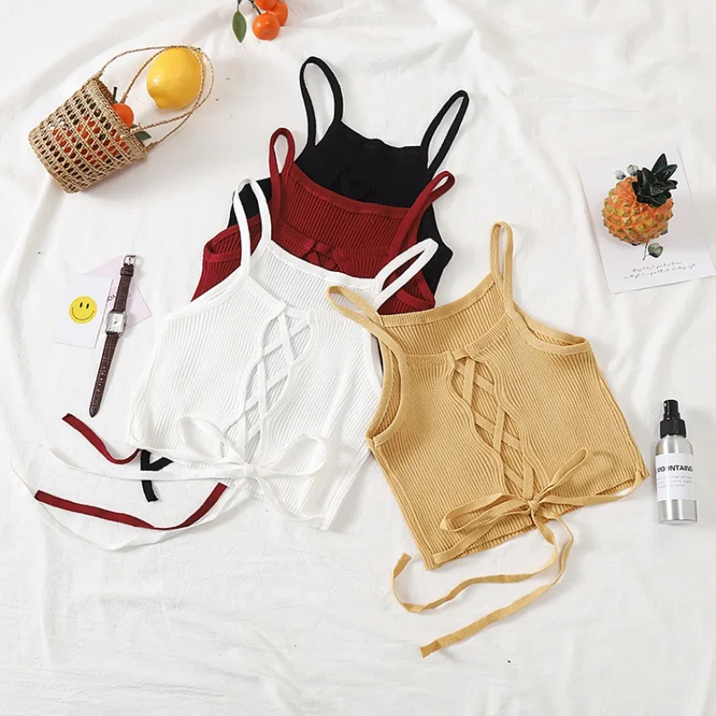 Для женщин укороченный Топ вязаный бандажный Спагетти Клубные майки Холтер Танк