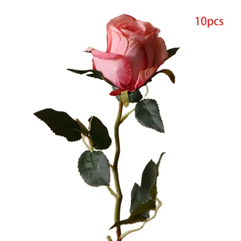 

European Style Vintage 10Pcs Silky Artificial Fake Rose Flowers Single with Long Stem Green Leaves for Home Decor DIY Wedding
